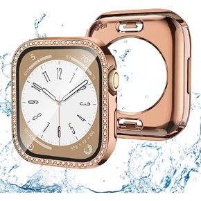 (2-in-1) Bling Waterproof Case Compatible for Apple Watch 45mm Series 9/8/7 Screen Protector, Front & Back Women Glitter Diamond Crystal Full Protective Bumper Face Cover for iWatch 45mm,Black