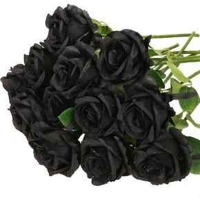 Felice Arts 12 Pack Black Artificial Roses Flowers with Stems Silk Rose Bouquet for Wedding Vase Table Centerpiece DIY Decor