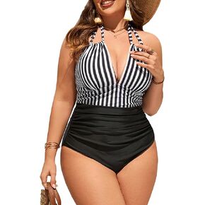 SweatyRocks Women's Plus Size Striped One Piece Swimsuit Halter Tie V Neck Bathing Suit Tummy Control Monokini in Saudi Arabia