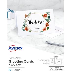 Avery Printable Greeting Cards, Half-Fold, 5.5" x 8.5", Matte White, 20 Blank Cards with Envelopes (3265)