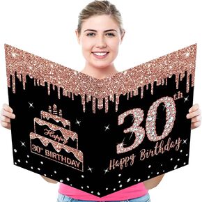Jumbo happy Birthday Card for Women Girls Kids, Large Rose Gold Birthday Guest Book Supplies Gifts, Giant Rose Gold Birthday Decorations Message Greeting Cards With Envelope Big Birthday Card