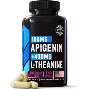Apigenin with L Theanine supplement - 500mg - Apigenin Supplement for Sleep, Relaxation & Mood - Powerful Bioflavonoid & Antioxidants Found in Chamomile Tea - 120 Vegan caps. NON- GMO. Made in USA