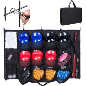 PACMAXI Hanging Baseball Helmet Bag to Organize Baseball Equipment Including Helmets, Gloves, Batting Gloves, Balls, Baseball Bat, 12 Player Dugout Organizer Storage