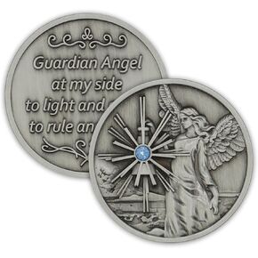 Pewter Guardian Angel Coin Affirmation Gift Token Medallion with Aqua Crystal Gemstone and Angel Prayer on Back