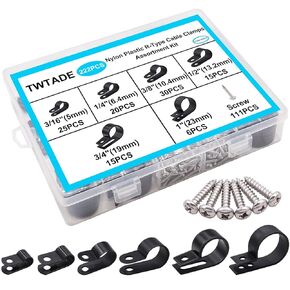 TWTADE 222PCS Black Cable Clamps Assortment Kit,Nylon Plastic R-Type 6 Sizes 3/16'' 1/4'' 3/8'' 1/2'' 3/4'' 1'' Cable Mounting Wire Clips Fastener with Screws for Wire Management