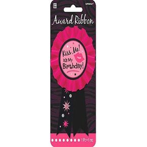 Kiss Me It's My Birthday Ribbon Pink & Black Award Pin - 3" x 5.5" (1 Pc) - Bold and Stylish Birthday Celebration Badge