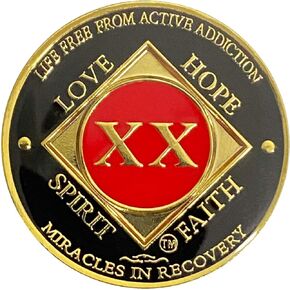 NA 20 Year Medallion, Narcotics Anonymous 20 Year Coin, Gold, Red, Black Color Plated and Epoxy Covered