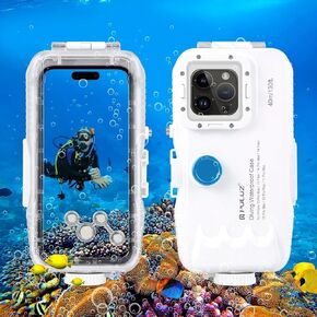 PULUZ 40m/130ft Waterproof Diving Case for iPhone 15 Pro Max/15 Plus /14 Plus / 14 Pro Max / 13 Pro Max / 12 Pro Max/for Surfing Snorkeling Floating Photo Video Taking Underwater Housing Cover White