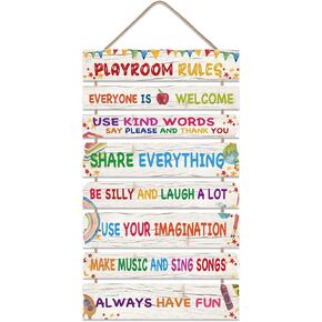 LHIUEM Educational Quote Wall Art, (Set of 8,29.4X5.9CM) Colorful Playroom Rules Sign Share Be Kind Wooden Hanging Wall Decor,Positive Decoration For Kid Boys Girls Room Nursery(COLORFUL)