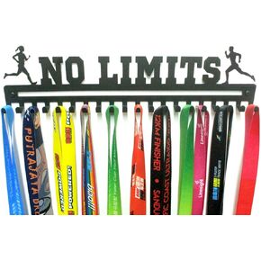 URBN Metal Wall Mount 'No Limits' Motivational Kids & Adults Running Sports Medal Hanger and Ribbon Display Holder Rack with 20 Easy Hanging Hooks, Great Gift for Runners - Black
