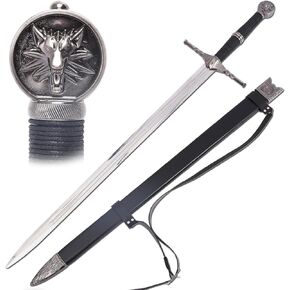 White Wolf Steel Sword Two-Handed Sword Western Sword of Witcher Geralt of Rivia with Sheath and Leather Shoulder Strap 41inch