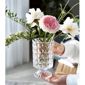 BLOFLO Embossed Glass Vase, 7'' Crystal Glass Vases, Pedestal Big Base Glass Bouquet Vase, Hydroponic Glass Transparent Vase for Home Office Wedding Dining Table Party (Ribbed Pattern)