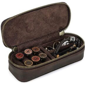 Hiram Genuine Leather Jewelry Box Case, Crazy Horse Cowhide Leather Travel Jewelry Box Case, Double Metal Zippers Travelling Jewelry Box for Rings,Cufflinks and Jewelry