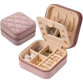 Small Jewelry Boxes for Traveling, Plush Velvet Jewelry Travel Orgnizer for Women, Travel Jewelry Case with Mirror for Earring Rings and Necklace Gift for Woman