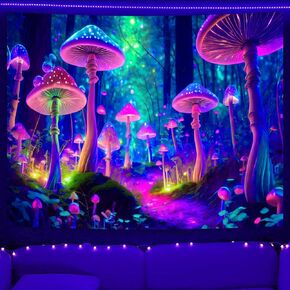 Fantasy Mushroom Tapestry Blacklight Neon Glow Forest Tapestry Wall Hanging Magical Landscape Wall Art for Bedroom - 59 x 51 inches