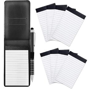 Mini Pocket Notepad Holder, Included Pocket Notebook Holder with 50 Lined Sheets, Metal Pen, and 8 Pieces 3 x 5 Inch Memo Book Refills，BLack