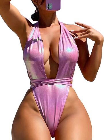 MakeMeChic Women's Holographic Metallic Criss Cross Plunge Neck Halter One Piece Swimsuit Sexy Thong Bathing Suit in Saudi Arabia