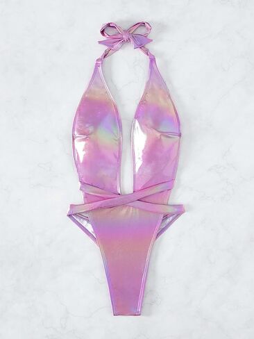 MakeMeChic Women's Holographic Metallic Criss Cross Plunge Neck Halter One Piece Swimsuit Sexy Thong Bathing Suit in Saudi Arabia