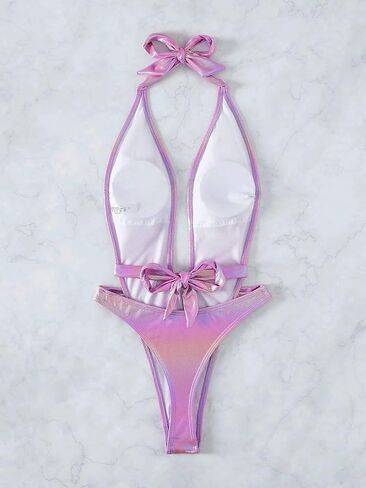MakeMeChic Women's Holographic Metallic Criss Cross Plunge Neck Halter One Piece Swimsuit Sexy Thong Bathing Suit in Saudi Arabia
