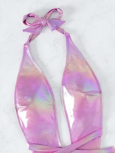 MakeMeChic Women's Holographic Metallic Criss Cross Plunge Neck Halter One Piece Swimsuit Sexy Thong Bathing Suit in Saudi Arabia