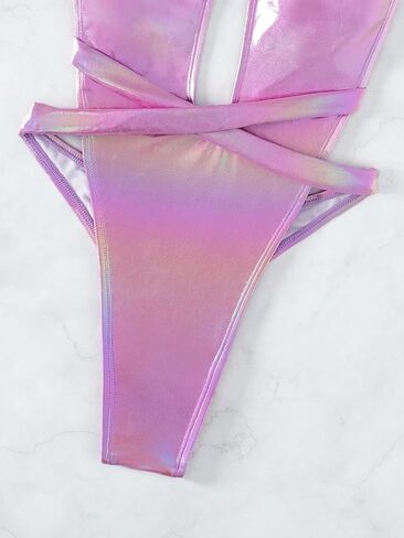 MakeMeChic Women's Holographic Metallic Criss Cross Plunge Neck Halter One Piece Swimsuit Sexy Thong Bathing Suit in Saudi Arabia
