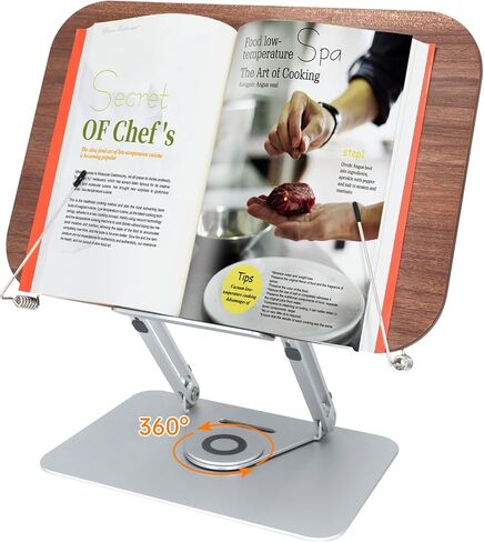 حامل كتب للقراءة، حامل كتب قابل للتعديل للمكتب مع قاعدة دوارة 360 درجة، حامل كتب الطبخ قابل للطي مع مشابك صفحات مرنة لنتائج الموسيقى والرسم والكتب المدرسية (الجوز + الألومنيوم) in Kuwait