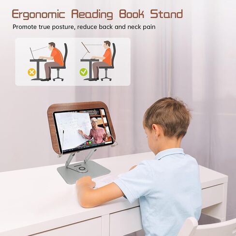 حامل كتب للقراءة، حامل كتب قابل للتعديل للمكتب مع قاعدة دوارة 360 درجة، حامل كتب الطبخ قابل للطي مع مشابك صفحات مرنة لنتائج الموسيقى والرسم والكتب المدرسية (الجوز + الألومنيوم) in Kuwait