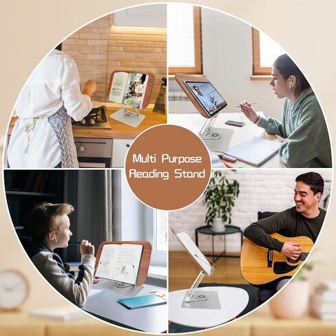 حامل كتب للقراءة، حامل كتب قابل للتعديل للمكتب مع قاعدة دوارة 360 درجة، حامل كتب الطبخ قابل للطي مع مشابك صفحات مرنة لنتائج الموسيقى والرسم والكتب المدرسية (الجوز + الألومنيوم) in Kuwait