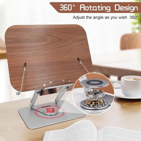 حامل كتب للقراءة، حامل كتب قابل للتعديل للمكتب مع قاعدة دوارة 360 درجة، حامل كتب الطبخ قابل للطي مع مشابك صفحات مرنة لنتائج الموسيقى والرسم والكتب المدرسية (الجوز + الألومنيوم) in Kuwait