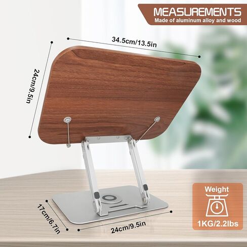 حامل كتب للقراءة، حامل كتب قابل للتعديل للمكتب مع قاعدة دوارة 360 درجة، حامل كتب الطبخ قابل للطي مع مشابك صفحات مرنة لنتائج الموسيقى والرسم والكتب المدرسية (الجوز + الألومنيوم) in Kuwait