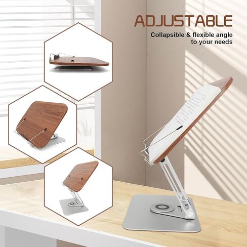 حامل كتب للقراءة، حامل كتب قابل للتعديل للمكتب مع قاعدة دوارة 360 درجة، حامل كتب الطبخ قابل للطي مع مشابك صفحات مرنة لنتائج الموسيقى والرسم والكتب المدرسية (الجوز + الألومنيوم) in Kuwait