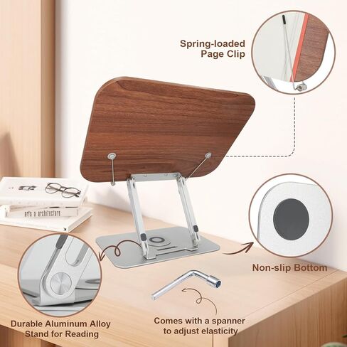 حامل كتب للقراءة، حامل كتب قابل للتعديل للمكتب مع قاعدة دوارة 360 درجة، حامل كتب الطبخ قابل للطي مع مشابك صفحات مرنة لنتائج الموسيقى والرسم والكتب المدرسية (الجوز + الألومنيوم) in Kuwait