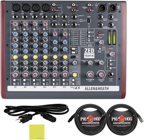 Allen & Heath Mixer ZED10FX Multipurpose Audio Mixer for Live Sound and Recording Bundle with 2x Pig Hog PHM15 8mm XLR Microphone Cable 15ft, Power Cable & Liquid Audio Polishing Cloth in Saudi Arabia