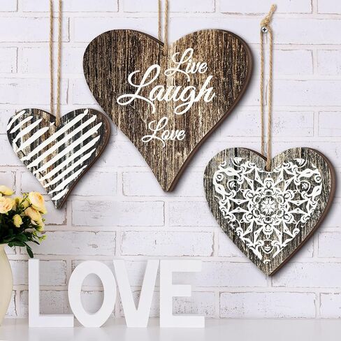 3 Pcs Wooden Heart Wall Decor Rustic Bedroom Wall Decor Wood Wall Panels Love Heart Wall Decor Medallion Carved Wood Wall Art Country Farmhouse Wall Decor for Living Room Hanging Sign Valentine's Day in Saudi Arabia