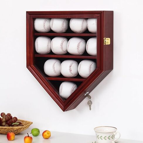 Baseball Display Case, 12 Solid Wood Baseball Display Holder, Large Capacity and Double Lock Wall Mount Baseball Shadow Box Display Rack with Anti Fade Acrylic Glass Door, Mahogany Finish in Saudi Arabia