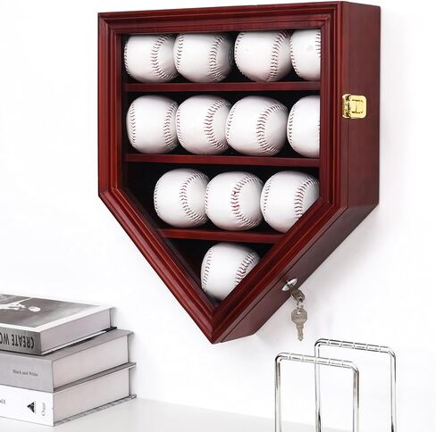Baseball Display Case, 12 Solid Wood Baseball Display Holder, Large Capacity and Double Lock Wall Mount Baseball Shadow Box Display Rack with Anti Fade Acrylic Glass Door, Mahogany Finish in Saudi Arabia