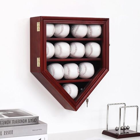 Baseball Display Case, 12 Solid Wood Baseball Display Holder, Large Capacity and Double Lock Wall Mount Baseball Shadow Box Display Rack with Anti Fade Acrylic Glass Door, Mahogany Finish in Saudi Arabia