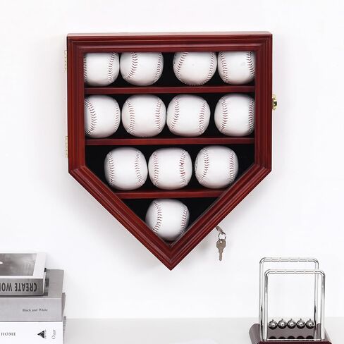 Baseball Display Case, 12 Solid Wood Baseball Display Holder, Large Capacity and Double Lock Wall Mount Baseball Shadow Box Display Rack with Anti Fade Acrylic Glass Door, Mahogany Finish in Saudi Arabia