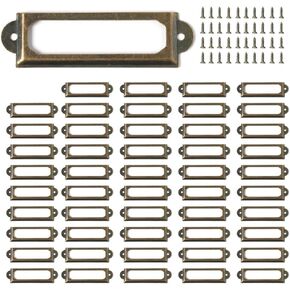 50pcs Metal Label Holder, 60mm x 17mm Metal File Name Card Tag, Label Frames Holder for Office Library Drawer Cabinet Shelves with Screws (Copper)