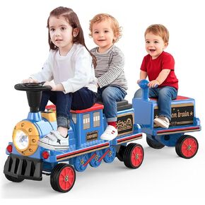 ANPABO Ride On Train Set Trackless, Include 1 Locomotive and 1 Carriage, 12V Kids Car with Height-Adjustable Seat, Extra Storage, Headlight, Train Whistle & Music, Electric Car for Kids 3+, Red in Kuwait