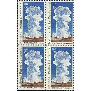 US Postage Stamps, 1972, National Parks Centennial, Old Faithful/Yellowstone, S# 1453, Plate Block of 4 8 Cent Stamps