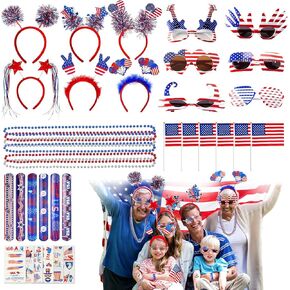 Minetom 4th of July Accessories, Fourth of July Party Favors Supplies Decorations Including Glasses Headbands Necklaces Bracelets USA Flags Temporary Tattoos, Patriotic Decor for Independence Day