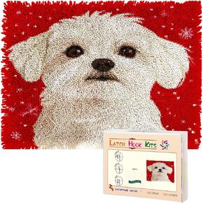 Latch Hook Rug Kit for Adults Merry Christmas Maltese Dog Pre-Printed Handmade Carpet Crochet Yarn Craft DIY Hook and Latch Door Mat Tapestry Home Floor Decoration 52x38cm(12)