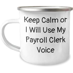 Payroll Clerk Camping Mug, Keep Calm Or I Will Use My Payroll Clerk Voice, Funny Christmas Unique Gift from Men to Coworkers, Payroll Clerk Office Humor
