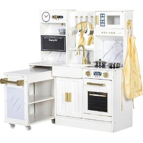 Corner Play Kitchen for Kids, Wooden Toddler Kitchen Playset w/Faucet, Sink, Microwave, Oven, Apron, Blackboard, Storage Cabinets, Pretend Cooking Toys w/Sound & Light Gift for Ages 3+