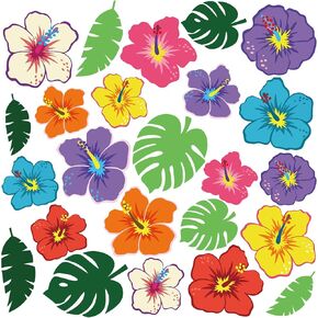 Epakh 200 Pcs Summer Hawaiian Flowers Bulletin Board Cutout Paper Hibiscus Palm Leaves Cutout with Glue Point Colorful Tropical Floral Bulletin Board Decoration for Classroom DIY Craft Wall Luau Party