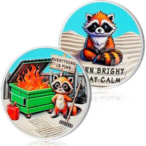 Cute Raccoon Dumpster Fire Coin - Stay Calm Dumpster Fire Challenge Coin, Novelty Pocket Tokens for Emotional Support, Inspirational Office Gifts for Men Women