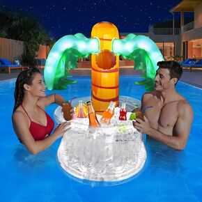 Floating Drink Holder for Pool w/Solar Lights, Inflatable Palm Tree Drink Cooler Floating Bar for Pool Accessories, Hot Tub Floating Pool Drink Holder,Drink Floats for Hawaiian Tropical Themed Party