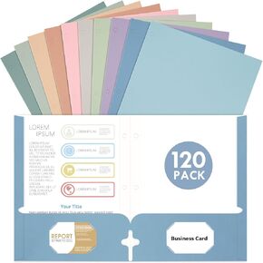 Folders with Pockets, 2 Pocket Folders Bulk (120 Pack, Assorted Colors), Paper Folders with Pockets 3 Hole Punched with Business Card Slot, Letter Size, File Folders for School Office Home