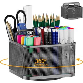 LUCYCAZ 360 Rotating Metal Pencil Pen Holder for Desk, Rotating Pencil Cup with 5 Slots, Dual-Purpose Desk Pen Organizer for Office, School, Home (Round)